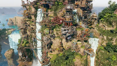 Corsair Cove cliffside pirate settlement with ships in turquoise water